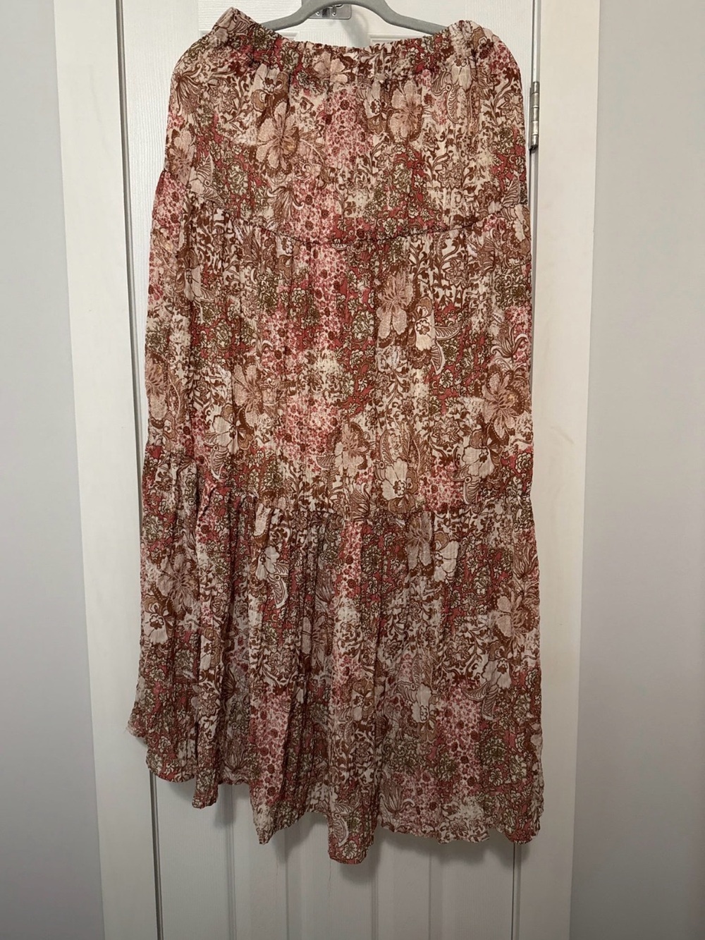 Printed Tiered Maxi Skirt in Cream & Brown